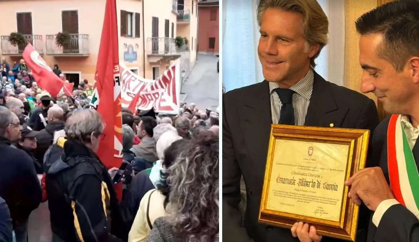 Emanuele Filiberto di Savoia cittadino onorario di Valdieri. Sotto il municipio la protesta sulle note di “Bella ciao”