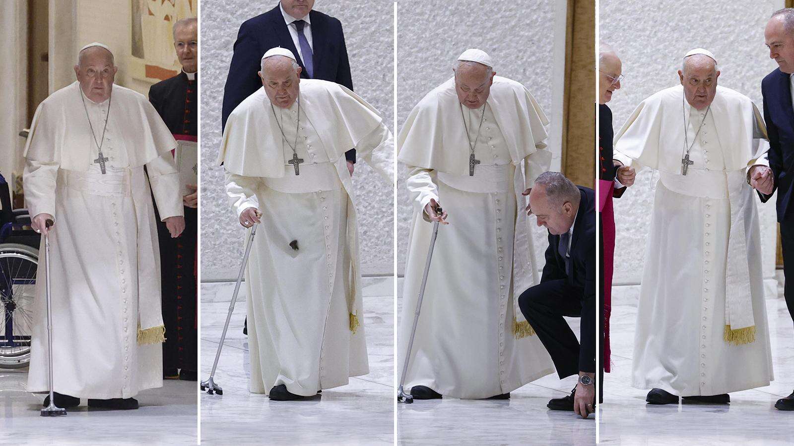 Papa Francesco rompe il bastone entrando all’udienza, vacilla un istante poi mantiene l’equilibrio