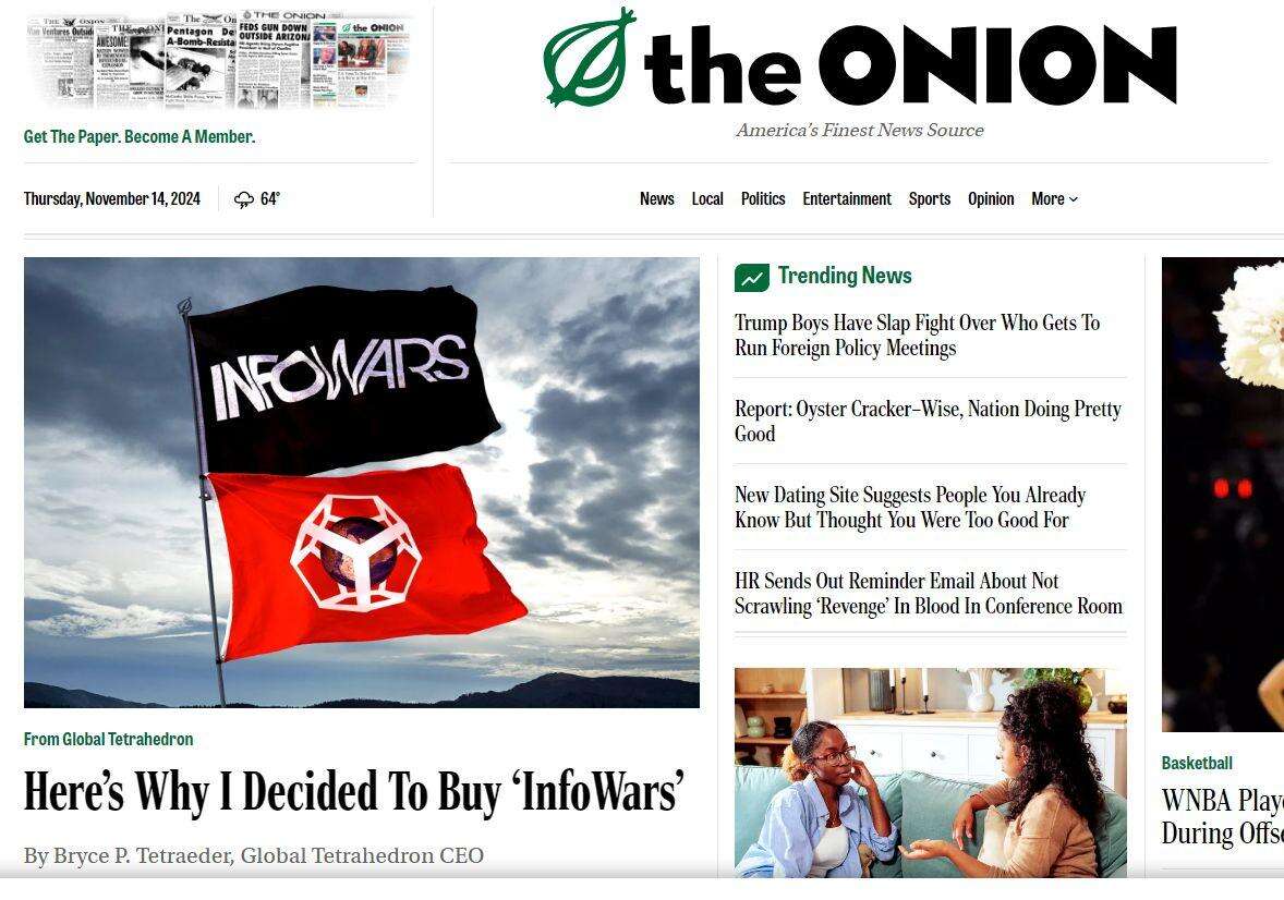 La beffa del sito satirico The Onion: si compra Infowars del complottista Alex Jones per farne una parodia di sé stesso