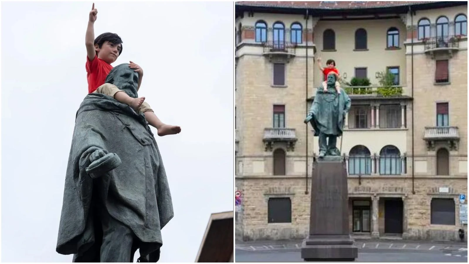 Allarme per un bambino arrampicato sulla statua di Garibaldi: ma è un’installazione di Maurizio Cattelan