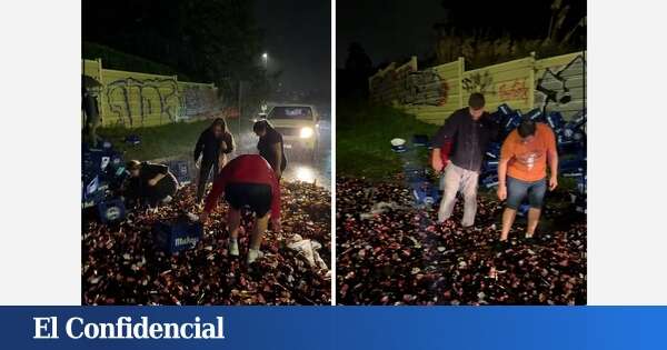 A por 35.000 botellines: vuelca un camión de Mahou y la cerveza atrae a una horda de chavales