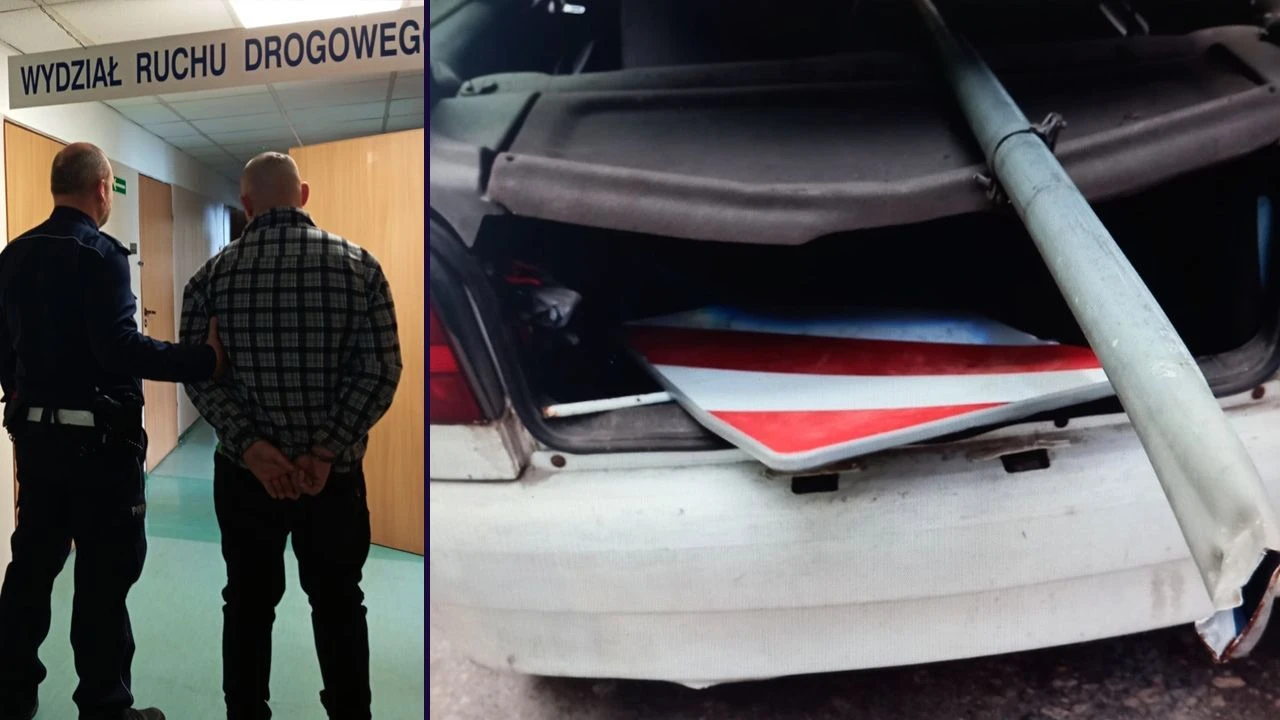 Zepchnął radiowóz i... nawet nie zauważył. W bagażniku miał znak drogowy