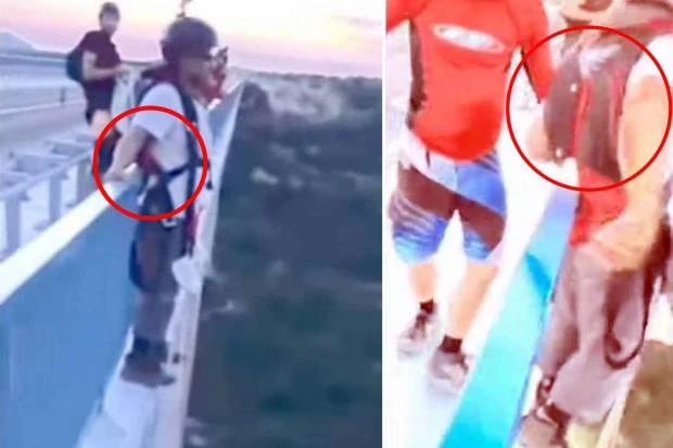 Moment man spots base jumper isn't attached to parachute before plunge