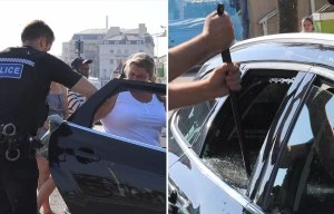 Cops rescue beagle from car in 24C heat as owner moans ‘you’ve broke my window’