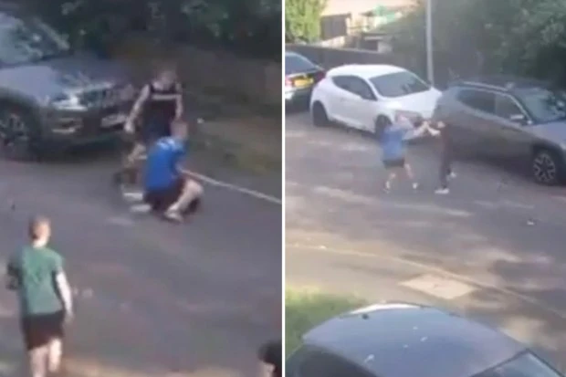 Moment boy, 12, is dragged by his hair and punched by man after playground row