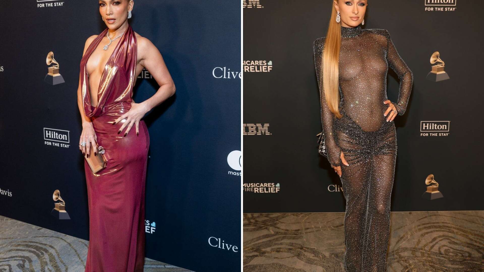 Stunning Jennifer Lopez shows off her curves in plunging dress as Paris Hilton wears sheer gown at pre-Grammys gala