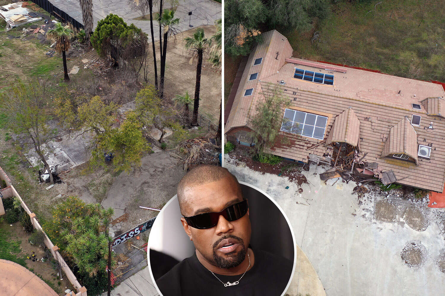 Kanye West’s crumbling $78m real estate empire revealed as decrepit Calabasas ranch’s roof collapses in new aerial pics