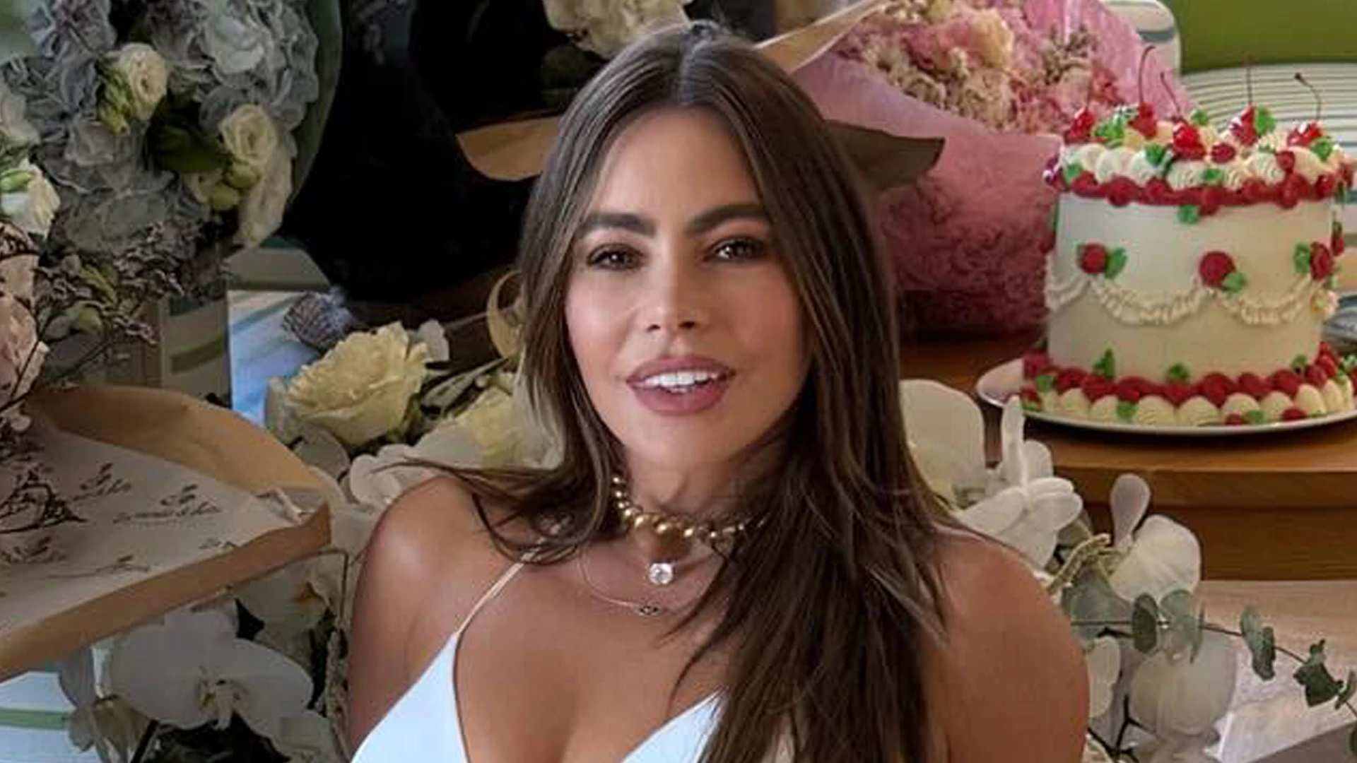 Sofia Vergara rocks tiny white bikini as she celebrates her 53rd birthday as fans ask ‘are the flowers from Tom Brady?’