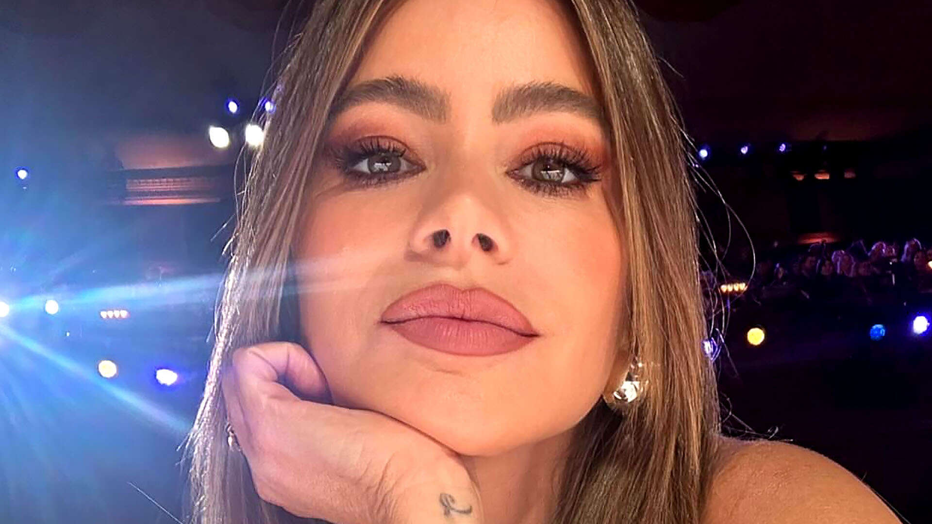 Sofia Vergara risks wardrobe malfunction in tight bustier as she poses with Heidi Klum while filming AGT