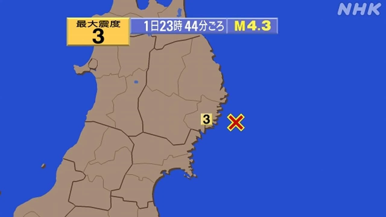【地震速報】岩手県沿岸南部で震度3