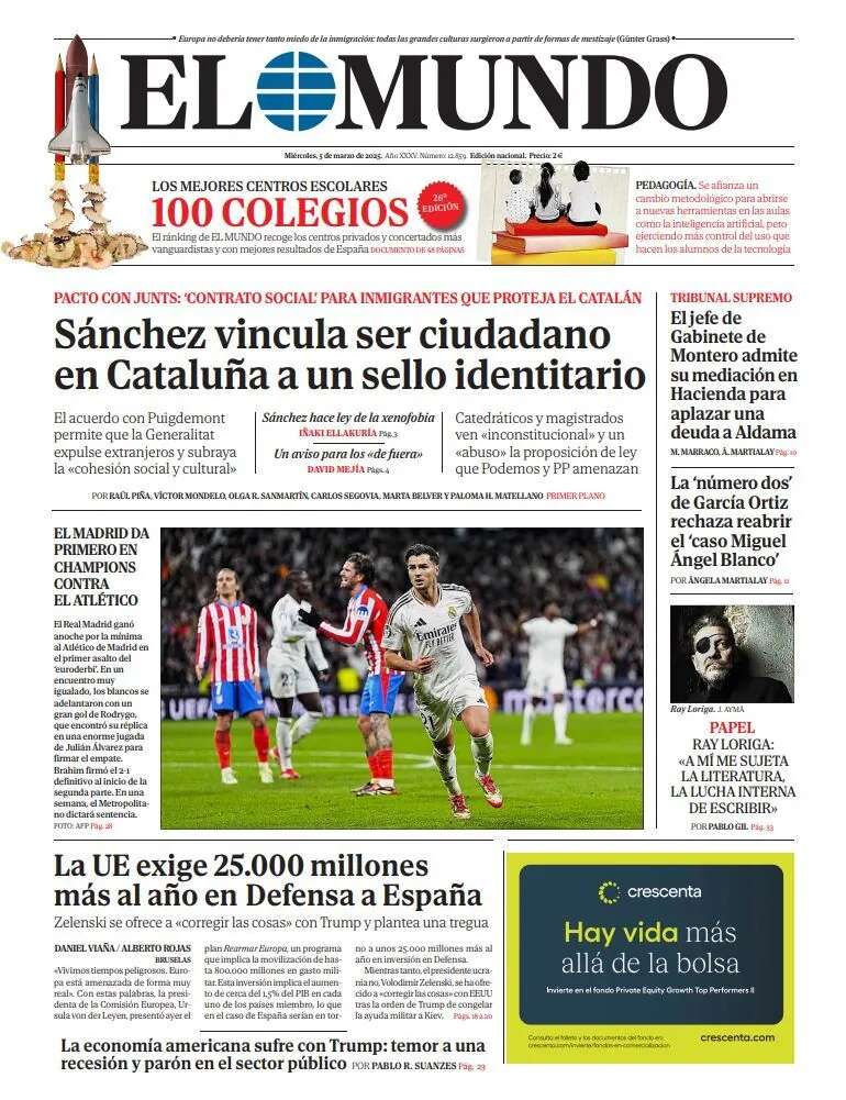 Portada de EL MUNDO del miércoles 5 de marzo de 2025