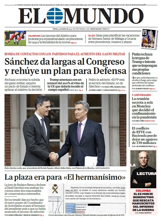 Portada de EL MUNDO del viernes 14 de marzo de 2025