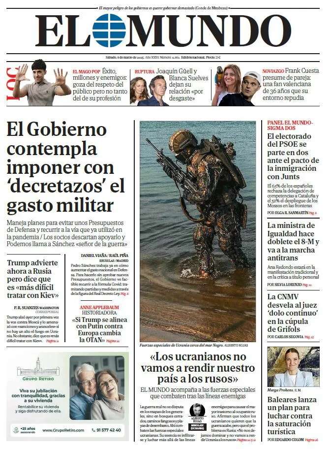 Portada de EL MUNDO del sábado 8 de marzo de 2025