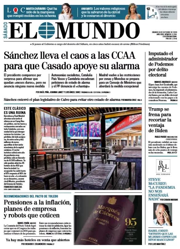 Portada de EL MUNDO del sbado 24 de octubre de 2020