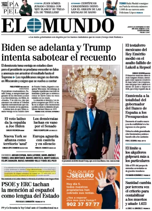 Portada de EL MUNDO del jueves 5 de noviembre de 2020