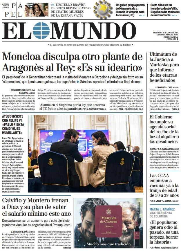 Portada de EL MUNDO del miércoles 16 de junio de 2021