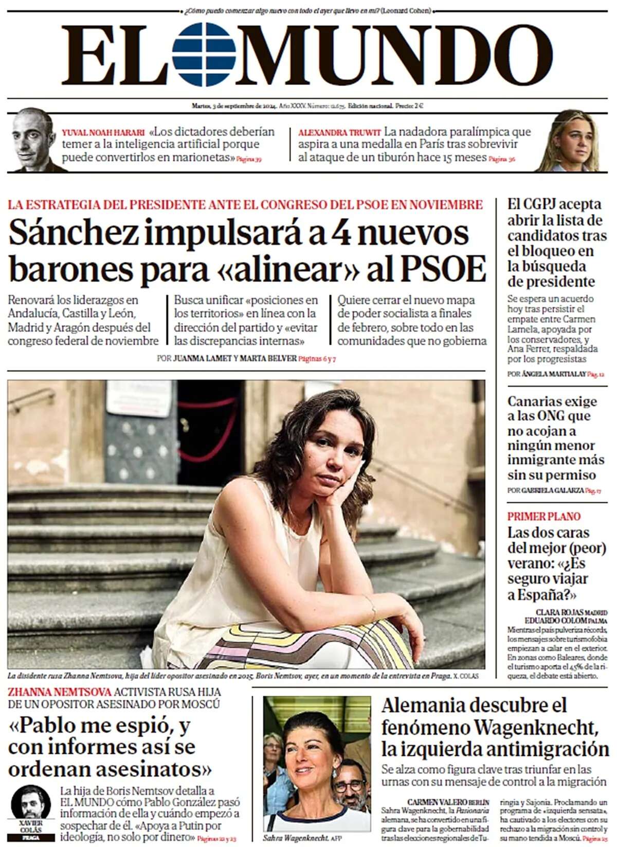 Portada de EL MUNDO del martes 3 de septiembre de 2024