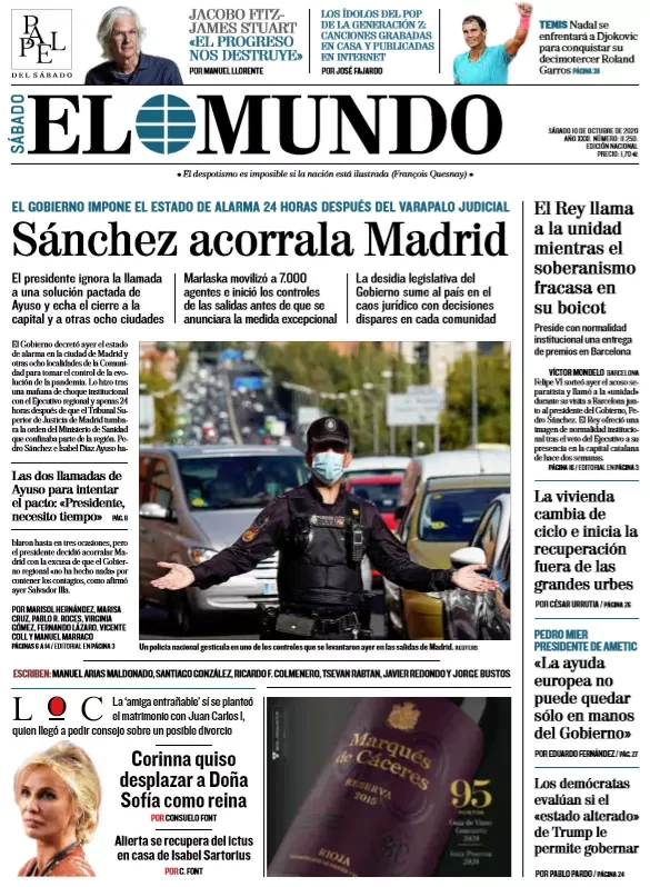 Portada de EL MUNDO del sbado 10 de octubre de 2020
