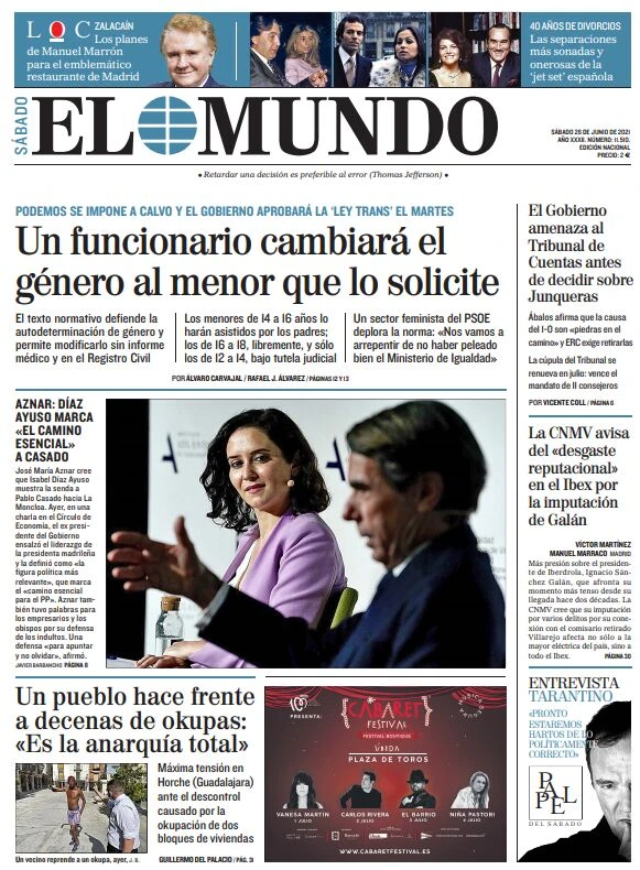 Portada de EL MUNDO del sábado 26 de junio de 2021