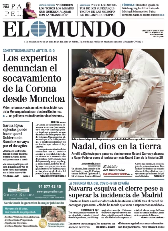 Portada de EL MUNDO del lunes 12 de octubre de 2020
