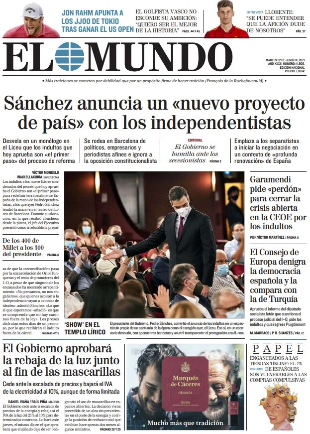 Portada de EL MUNDO del martes 22 de junio de 2021