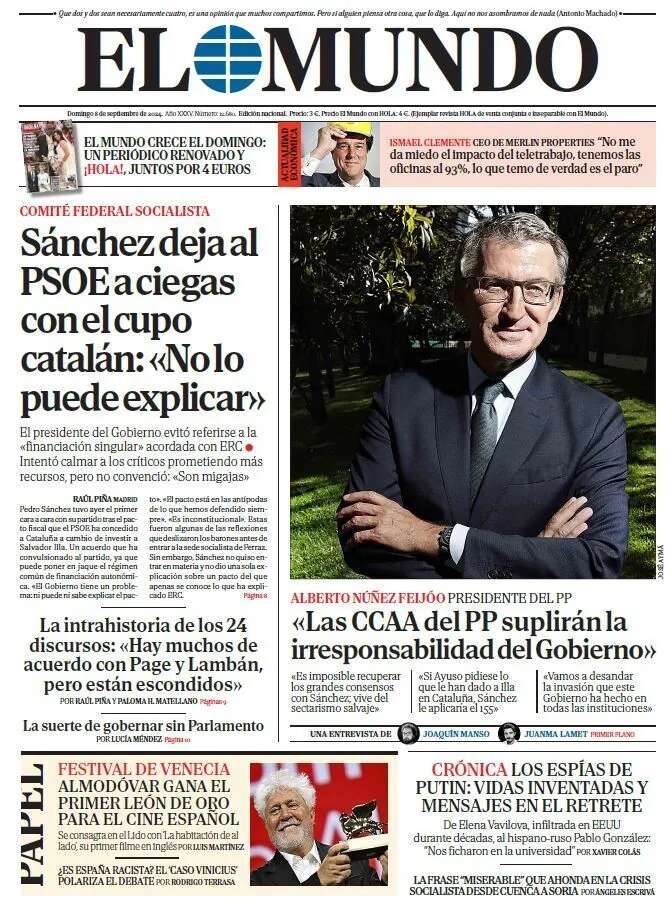 Portada de EL MUNDO del domingo 8 de septiembre de 2024