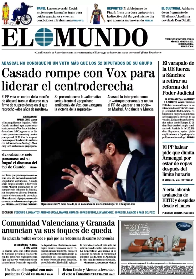 Portada de EL MUNDO del viernes 23 de octubre de 2020