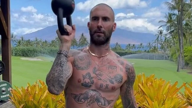 Shirtless Adam Levine shows off tatts