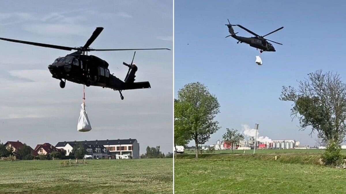 Black Hawk nagrany w akcji. Zrzucają ogromne worki na wał w Nysie