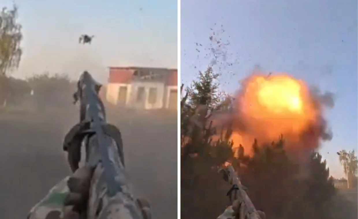 Niesamowite wideo z frontu. Zestrzelił drona w ostatniej sekundzie