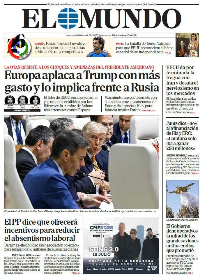 Portada de EL MUNDO del jueves 9 de julio de 2026