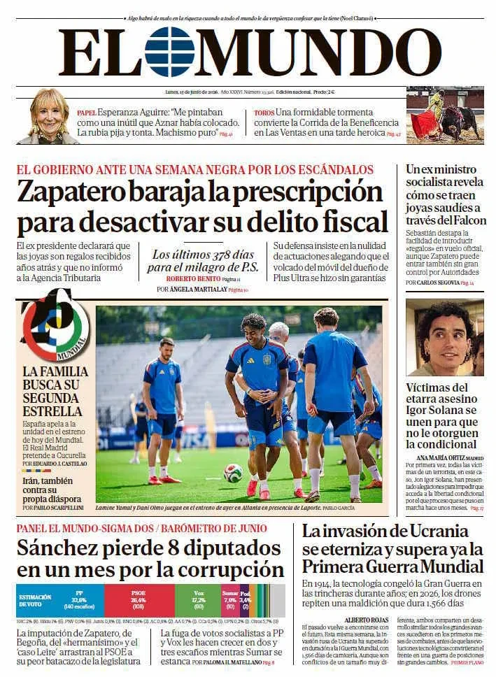 Portada de EL MUNDO del lunes 15 de junio de 2026