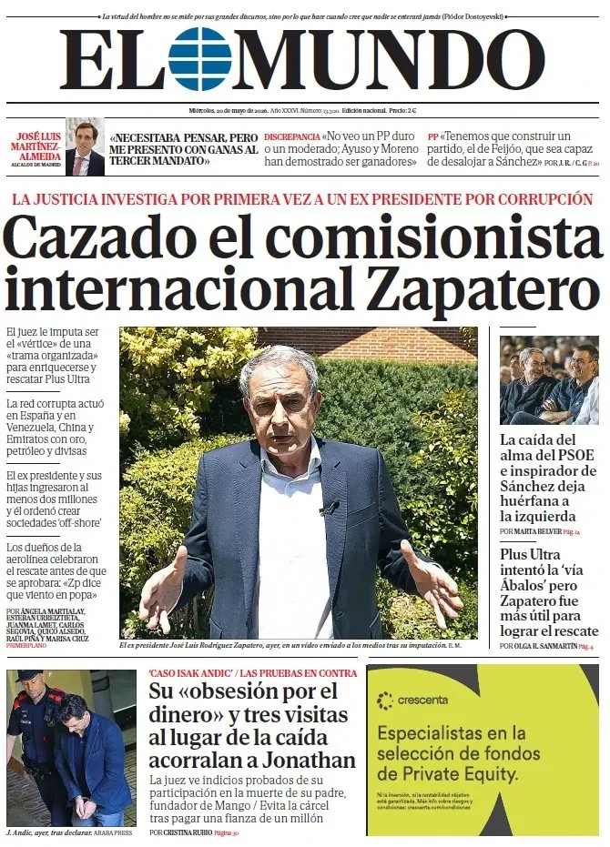 Portada de EL MUNDO del miércoles 20 de mayo de 2026