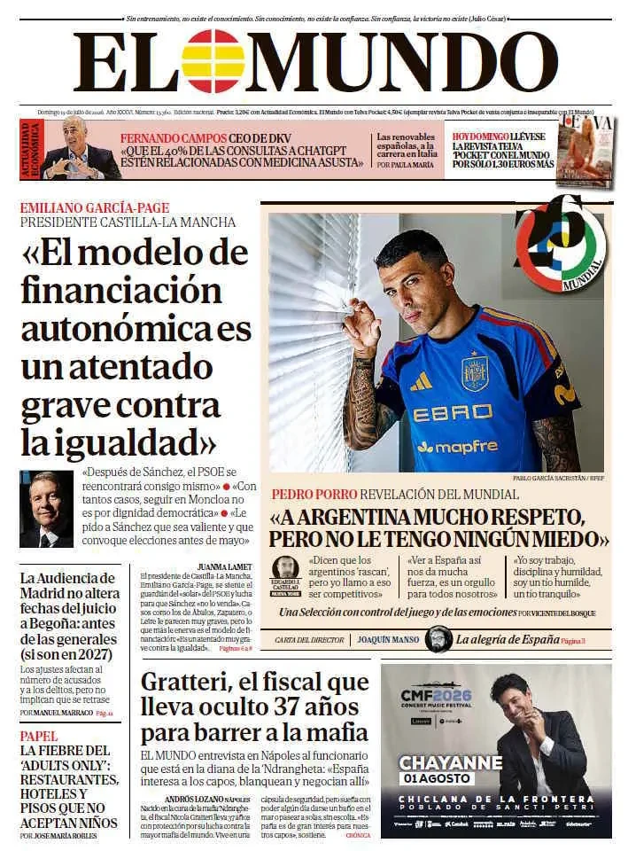 Portada de EL MUNDO del domingo 19 de julio de 2026