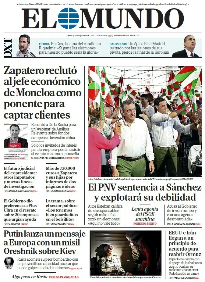 Portada de EL MUNDO del lunes 25 de mayo de 2026