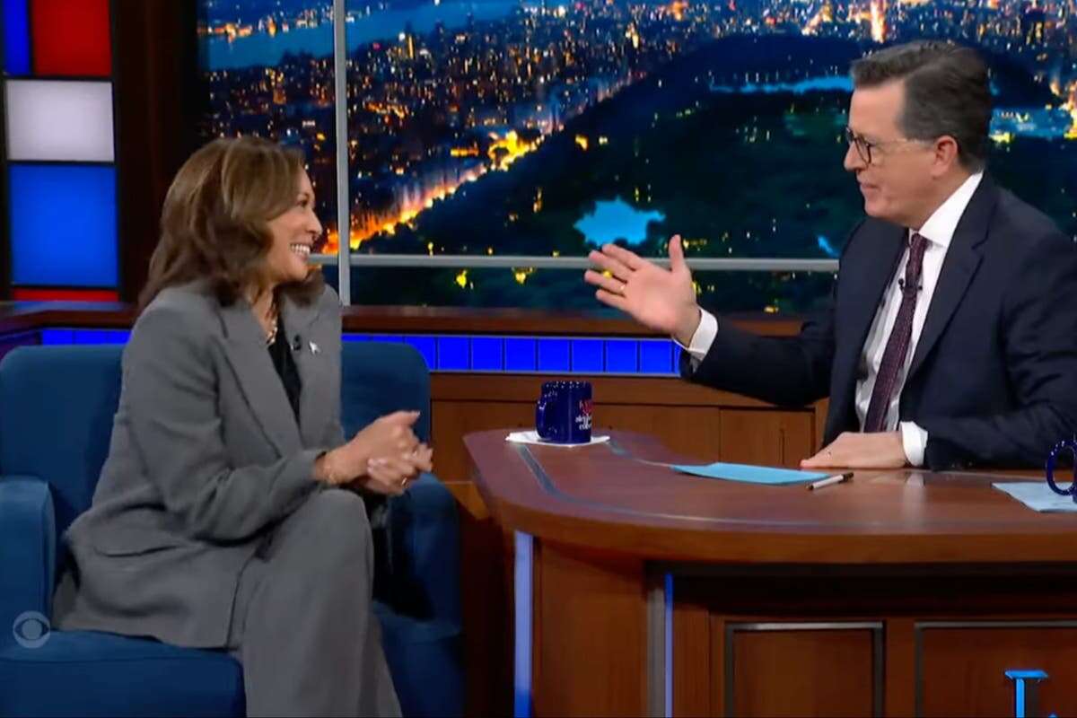 Harris calls out ‘loser’ Trump as she drinks beer with Stephen Colbert