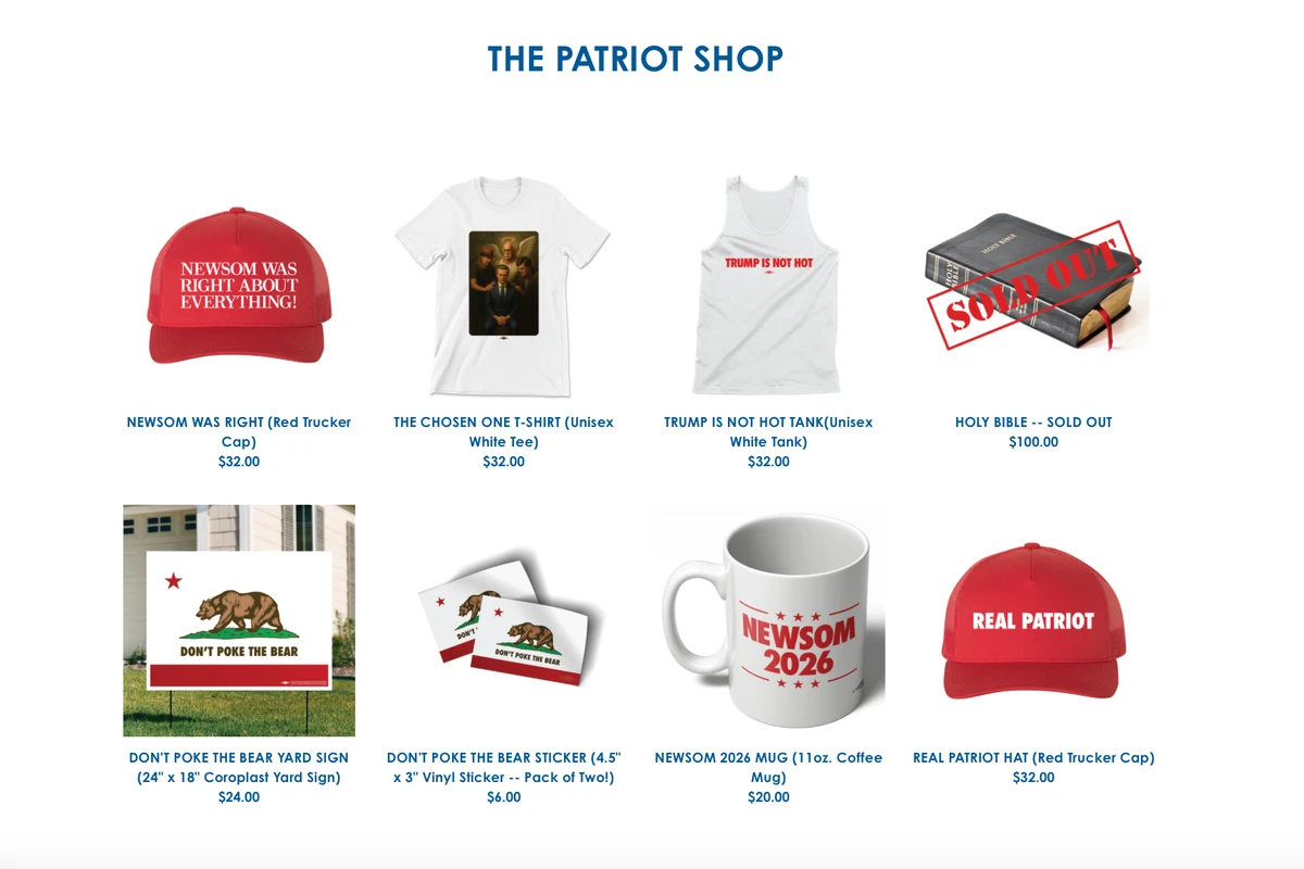 Newsom has a Trump-trolling merch website. The ‘Bible’ is ‘sold out’