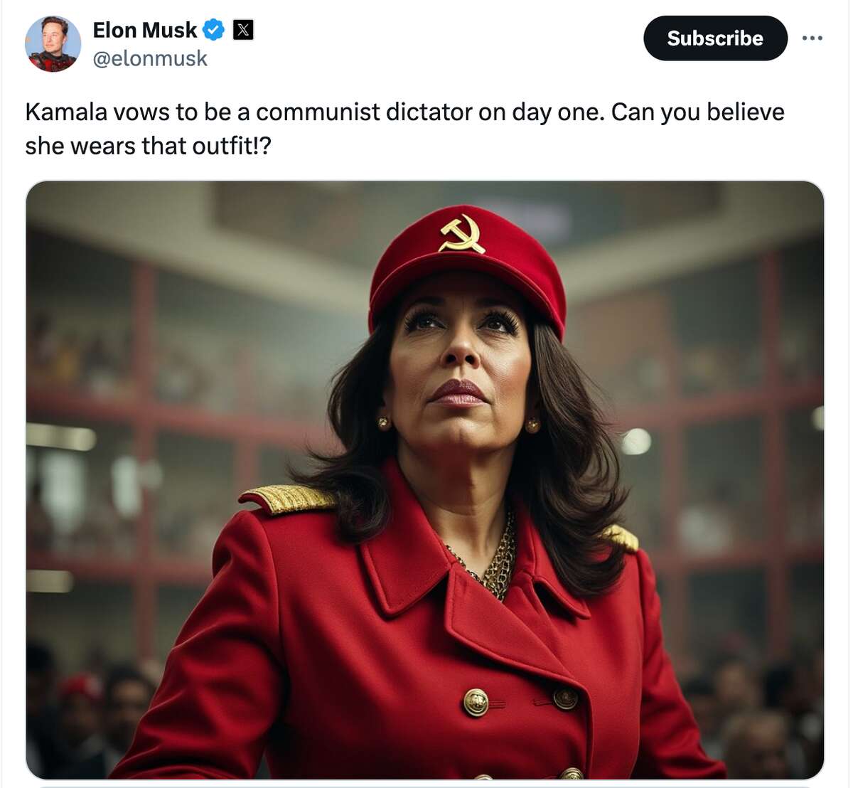 Elon Musk slammed for posting AI image of Harris as communist dictator