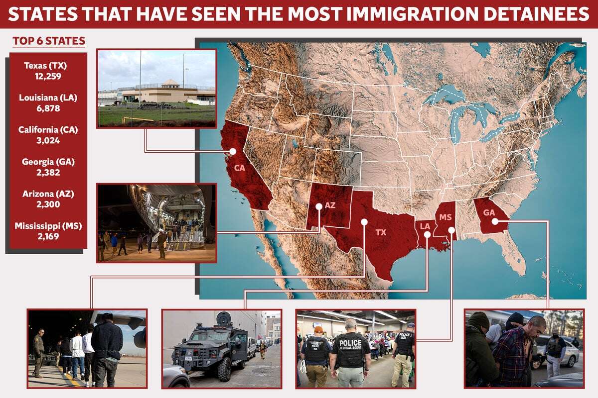 The states with the most immigration detainees since Trump crackdown