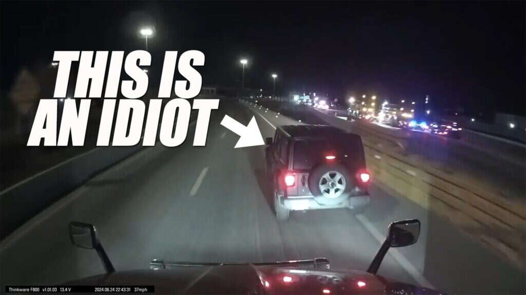 Don’t Be This Jeep Driver: Brake-Checking A Semi Is A Darwin Award Move