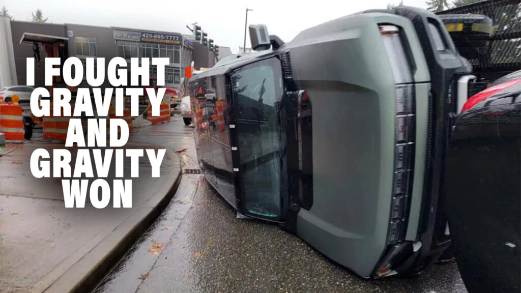 Ouch! Transporter Flips Over Knocking Down GMC Hummer EV And Mercedes