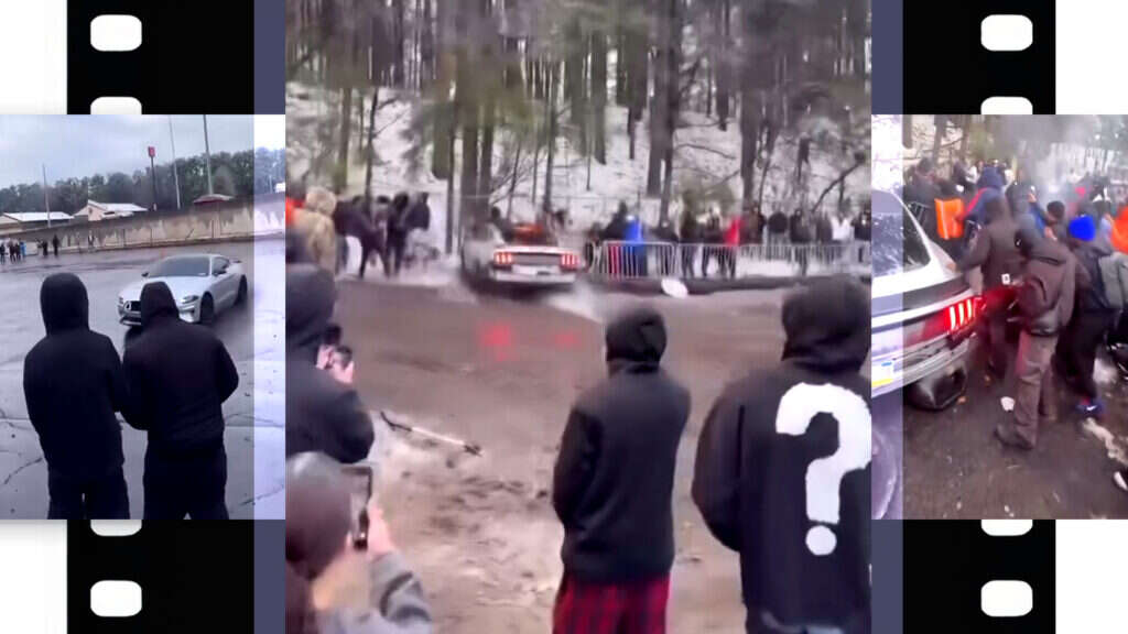 Ford Mustang Slams Into Crowd After Failed Drift On Icy Lot