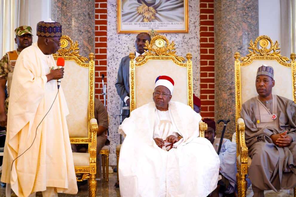 Tinubu visits Maiduguri, grieves over Kaduna bomb victims at Shehu’s palace