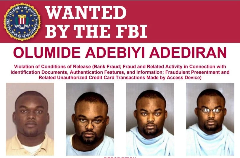 FBI places $10,000 bounty on Nigerian Olumide Adediran over bank fraud allegations
