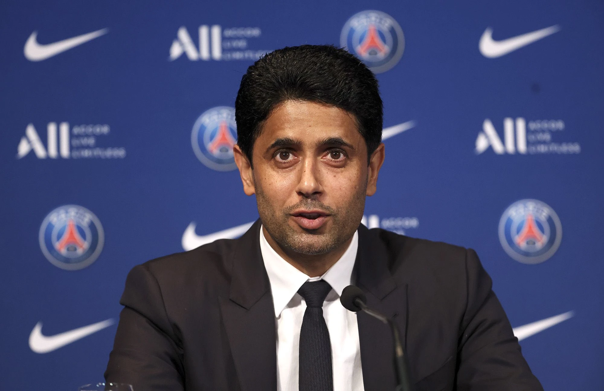 PSG president, Al Khelaifi reacts as team wins Ligue 1 title with six games left