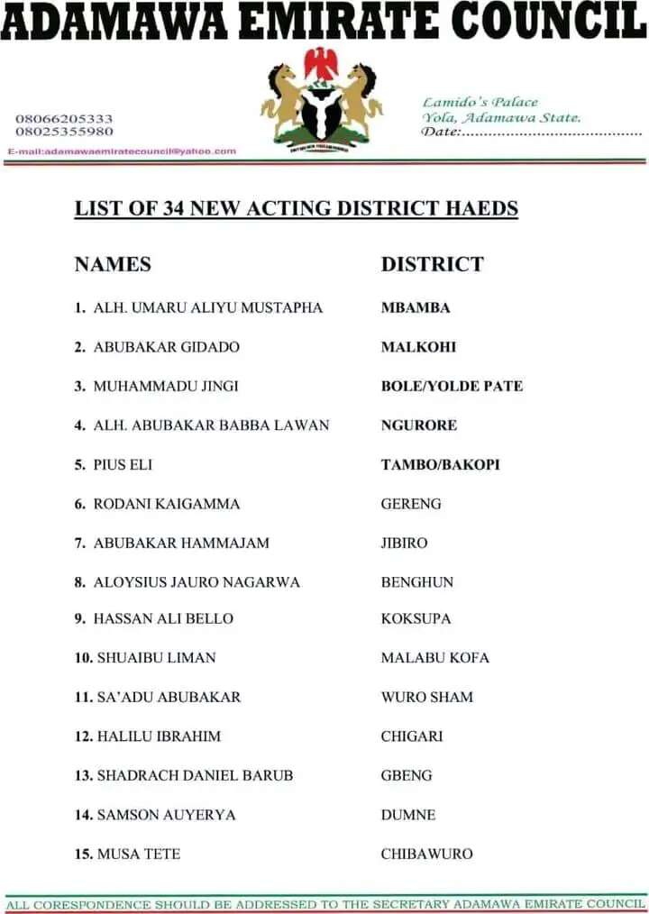 Adamawa Emirate releases names of 32 acting district heads