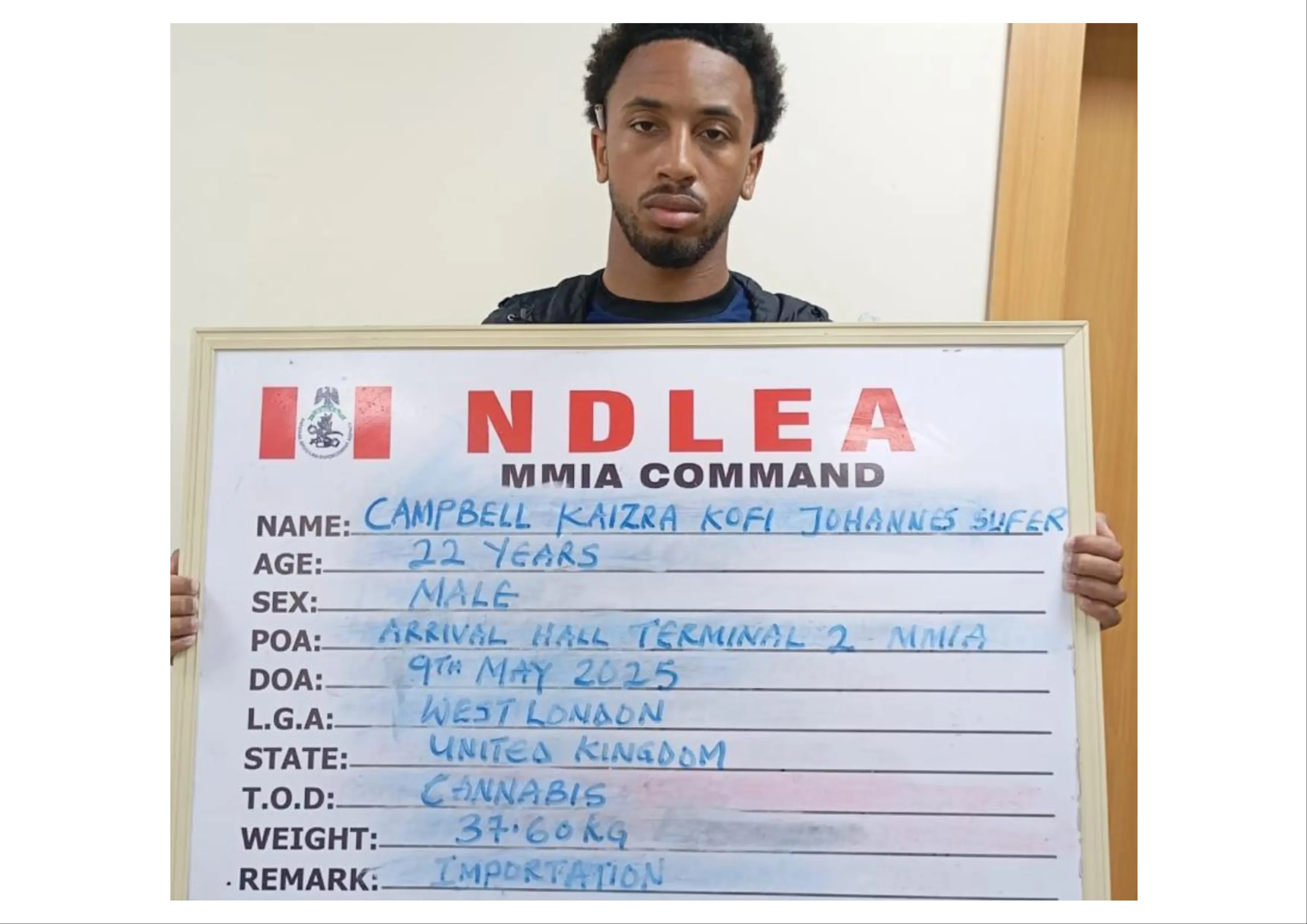NDLEA arrests 22-year-old British ex-convict with large drug shipment at Lagos airport