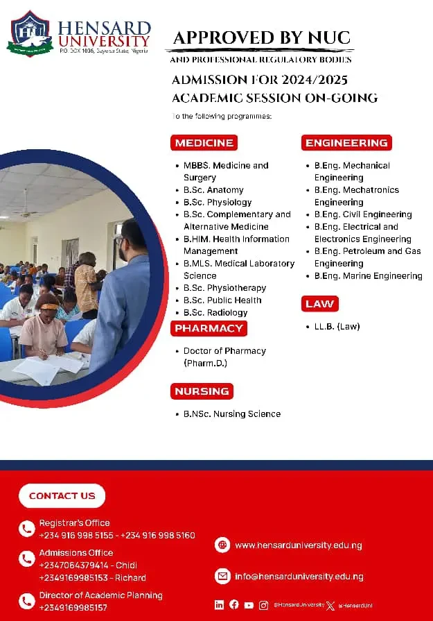 Hensard University gets NUC, Council’s approvals for Law, Medicine, Nursing, Pharmacy, admissions on-going