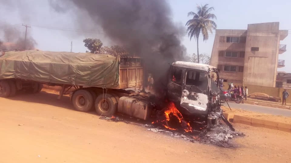 Ogun: Dangote truck set ablaze for crushing okada rider, passenger to death