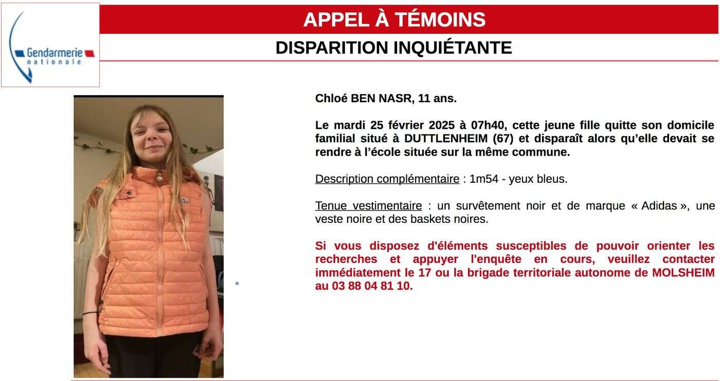 Disparition inquiétante : la police lance un appel à témoins pour retrouver Chloé, une fillette de 11 ans introuvable dans le Bas-Rhin